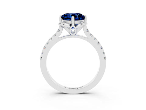 White gold Round Cut Blue Sapphire Ring with Pavé Band and Floral Prong Setting_3