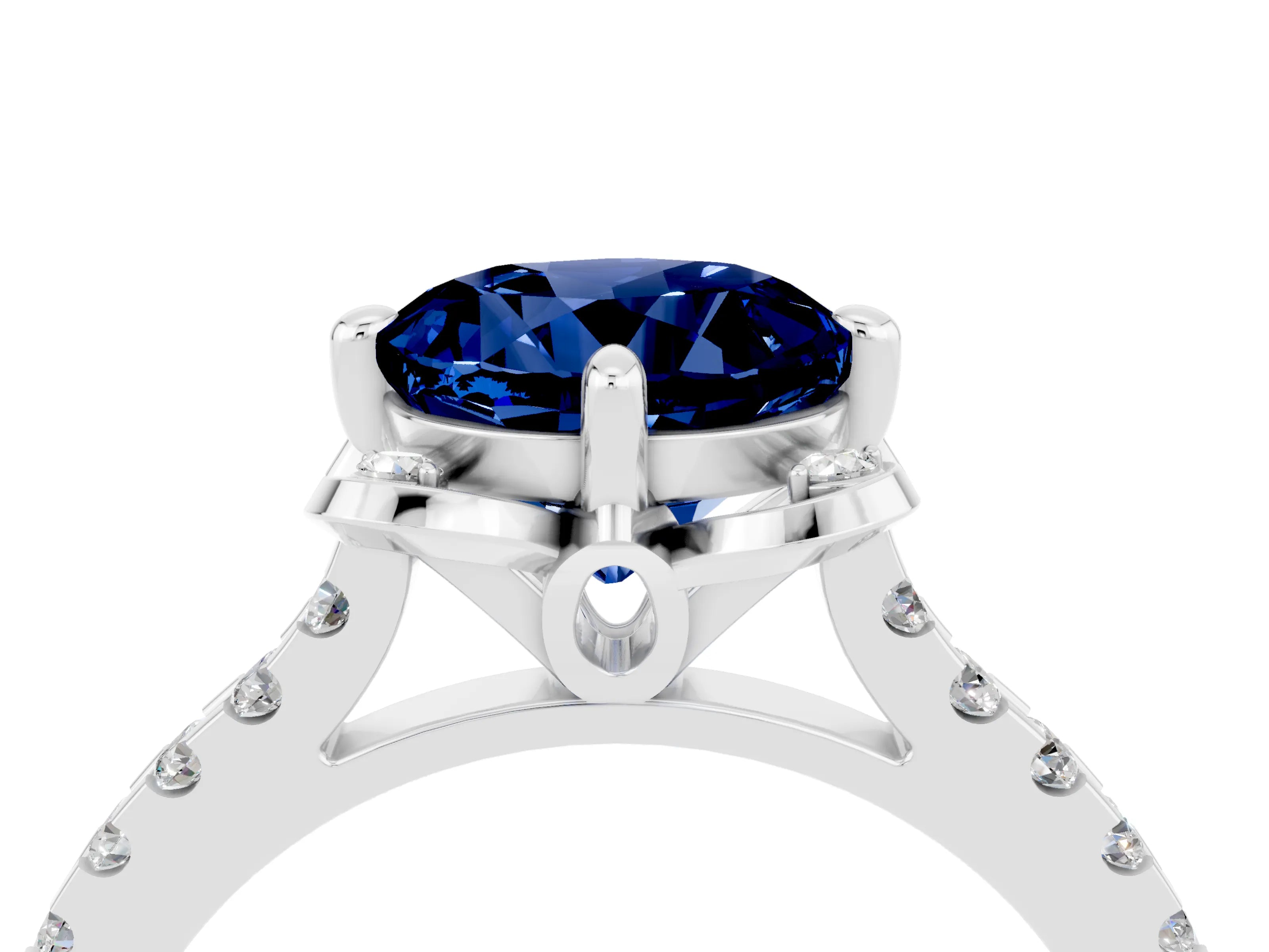 White gold Round Cut Blue Sapphire Ring with Pavé Band and Floral Prong Setting_4