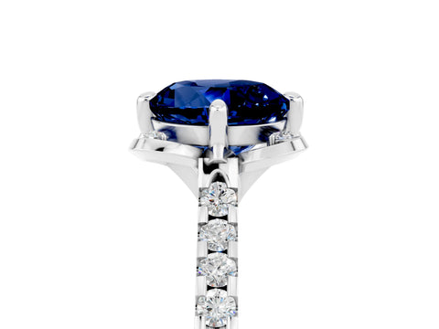 White gold Round Cut Blue Sapphire Ring with Pavé Band and Floral Prong Setting_5