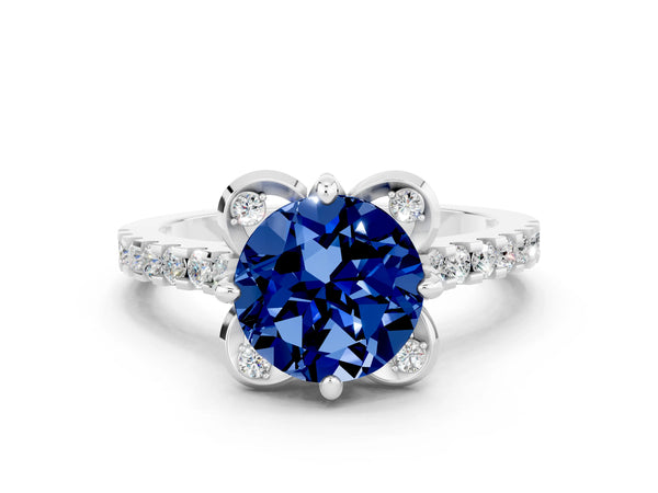 White gold Round Cut Blue Sapphire Ring with Pavé Band and Floral Prong Setting