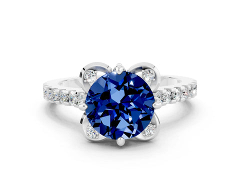 White gold Round Cut Blue Sapphire Ring with Pavé Band and Floral Prong Setting