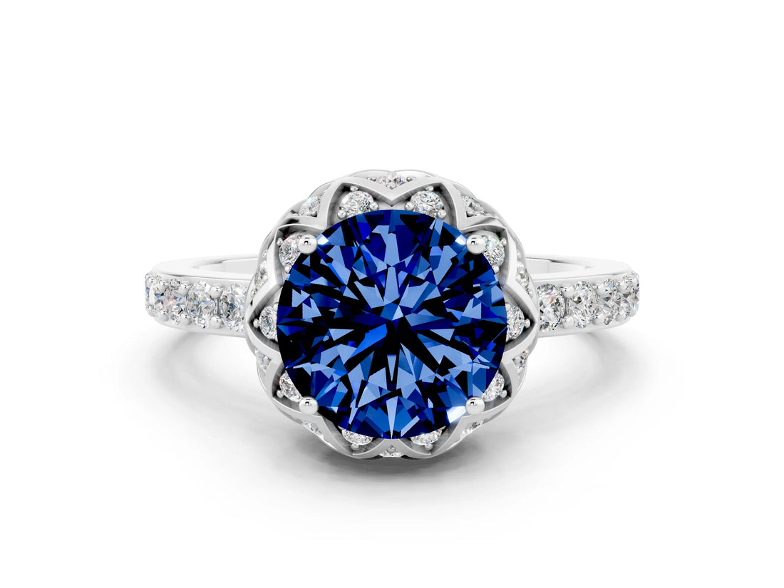 White gold Round Cut Blue Sapphire Scalloped Halo Engagement Ring with Round Shared Prong Band_24