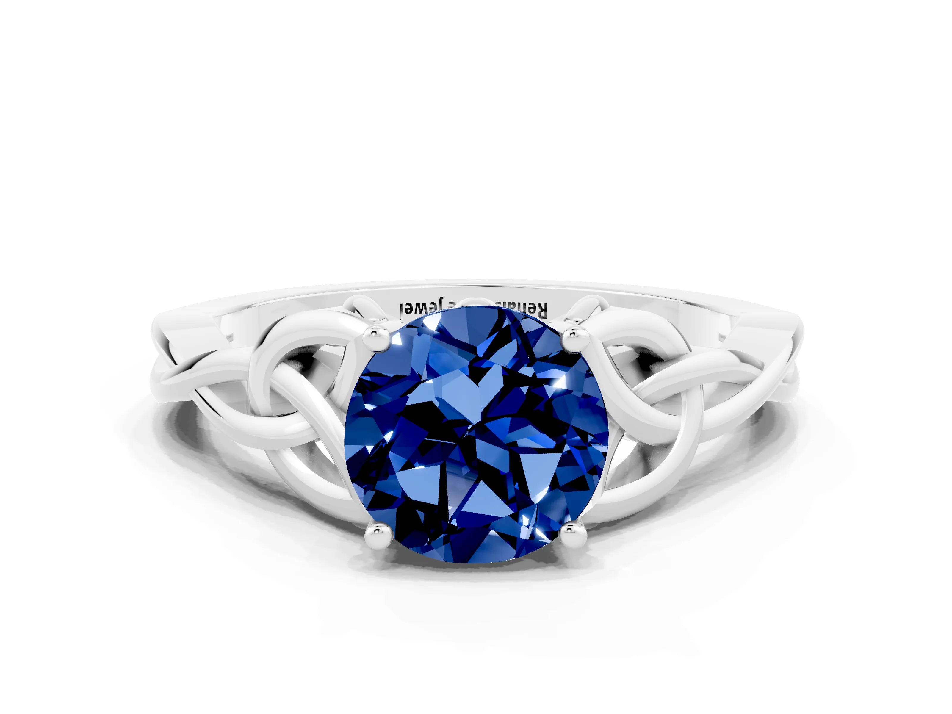 White gold Round Cut Blue Sapphire Solitaire Celtic Knot Ring with Four-Prong Setting_12