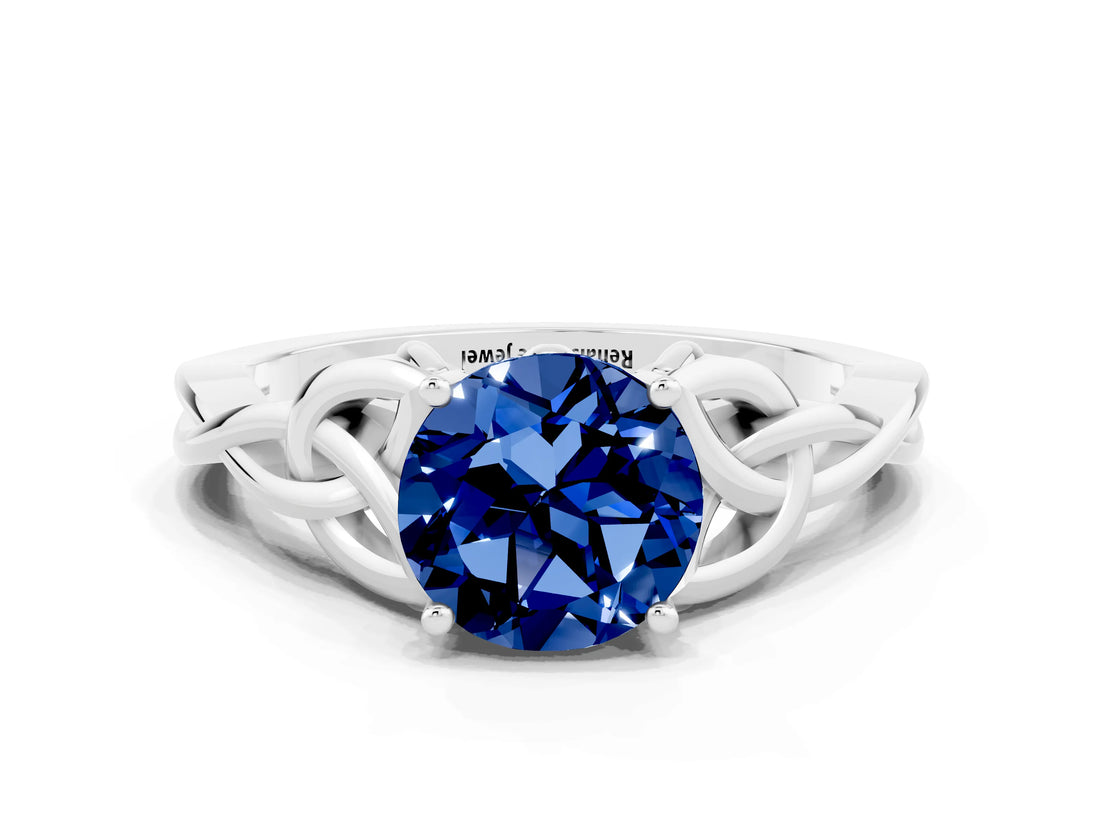 White gold Round Cut Blue Sapphire Solitaire Celtic Knot Ring with Four-Prong Setting_12