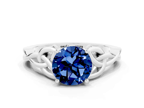 White gold Round Cut Blue Sapphire Solitaire Celtic Knot Ring with Four-Prong Setting_12