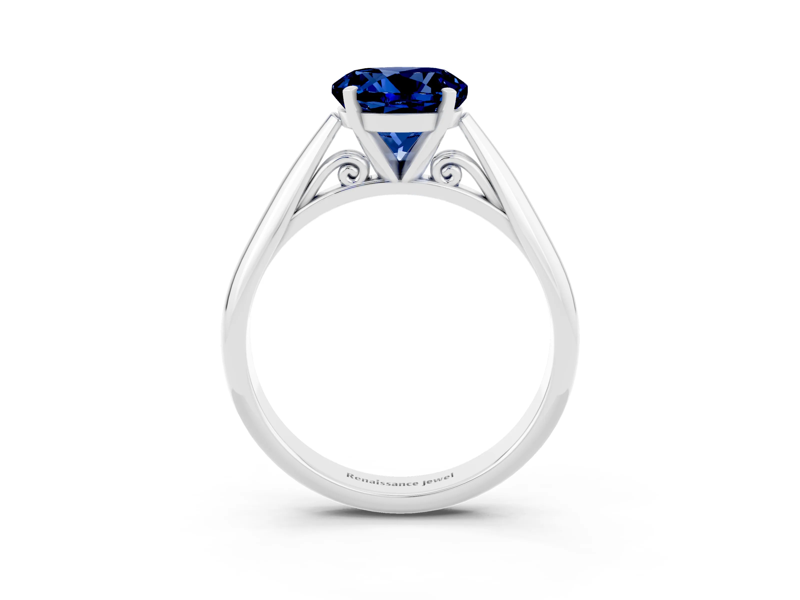 White gold Round Cut Blue Sapphire Solitaire Engagement Ring with Cathedral Setting and Four-Prong Mount_15