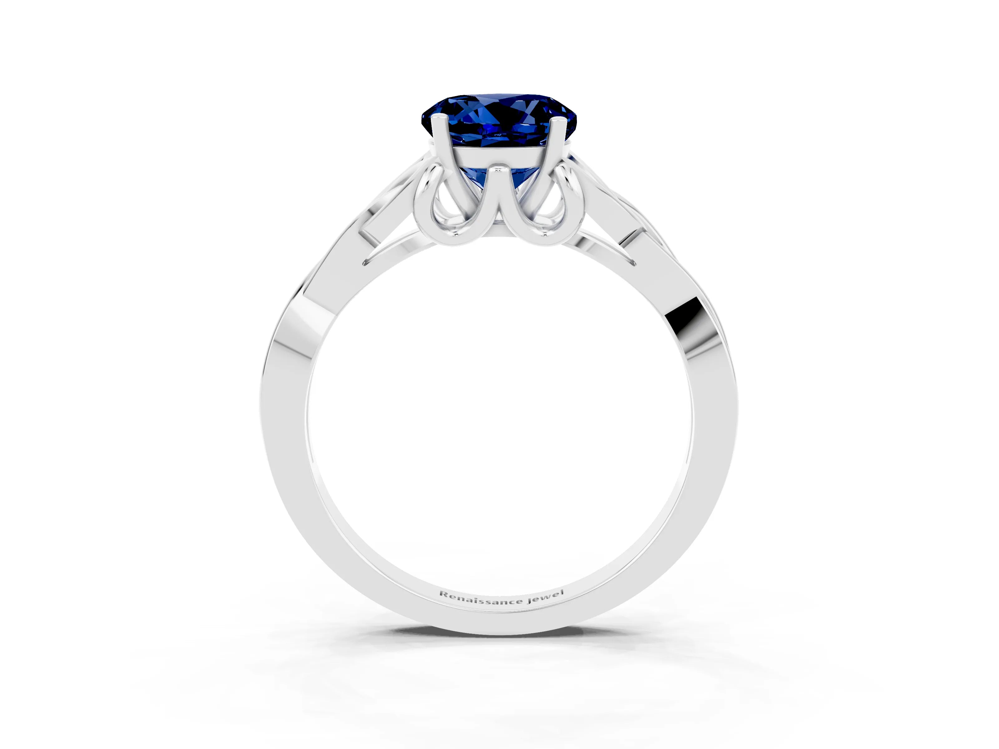 White gold Round Cut Blue Sapphire Solitaire Engagement Ring with Celtic Knot Band and Four-Prong Setting_3