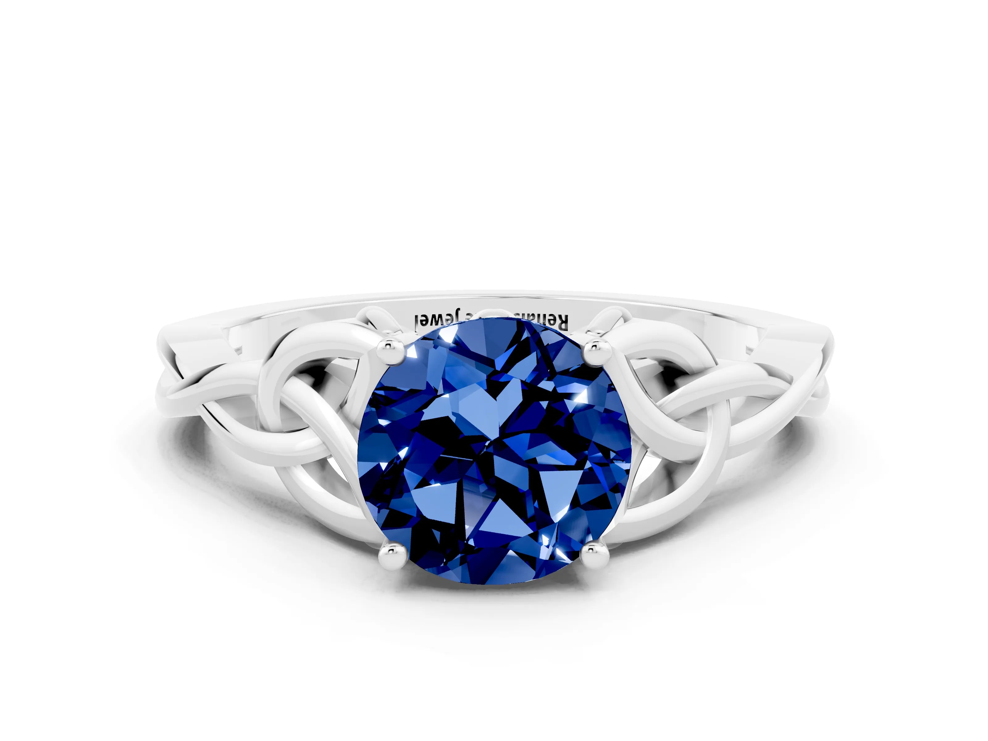 White gold Round Cut Blue Sapphire Solitaire Engagement Ring with Celtic Knot Band and Four-Prong Setting