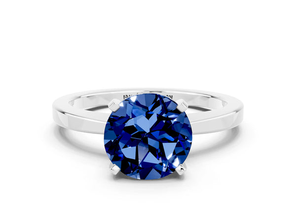 Silver Round Cut Blue Sapphire Solitaire Engagement Ring with Classic Band and Four-Prong Setting