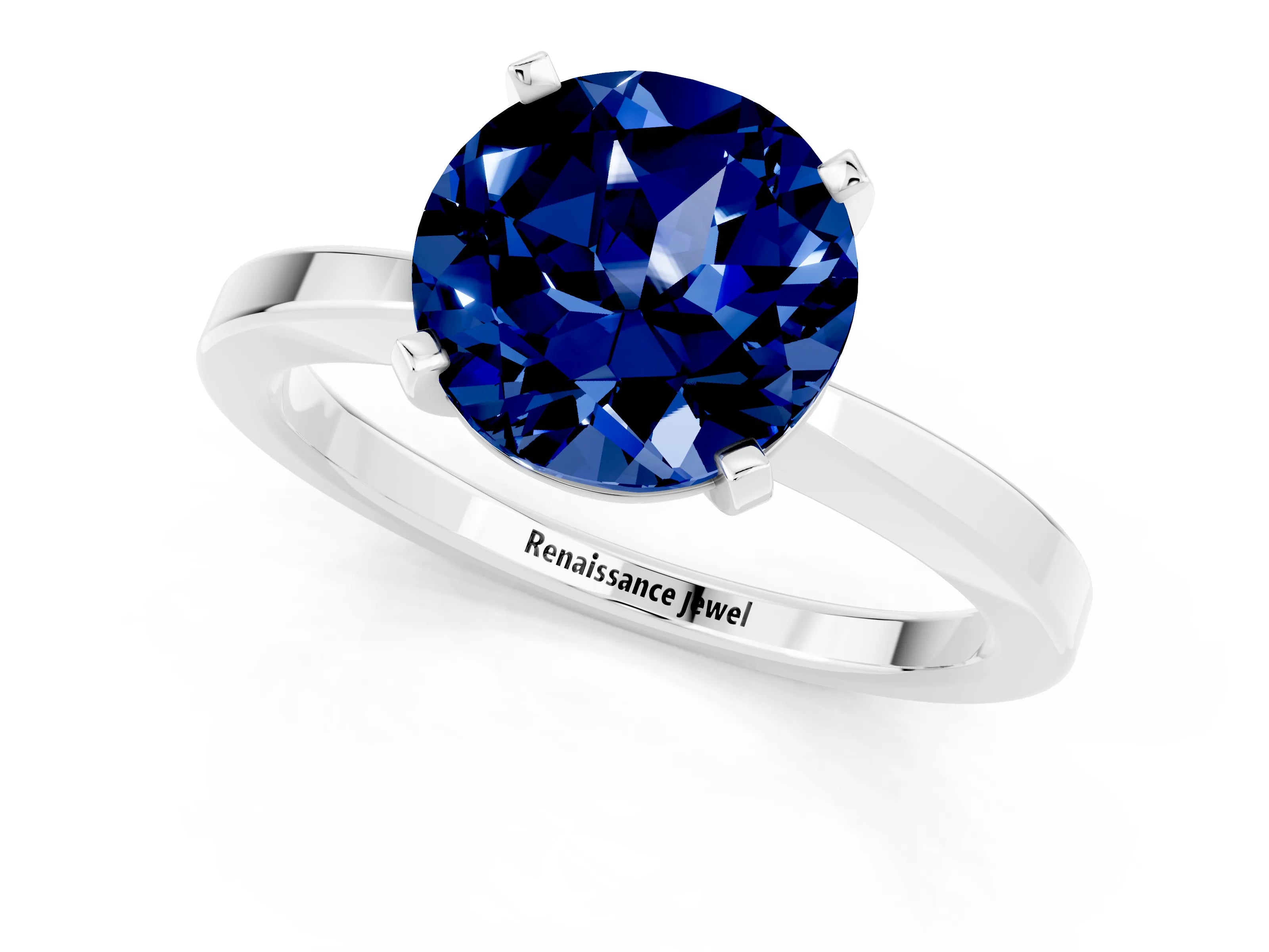 White gold Round Cut Blue Sapphire Solitaire Engagement Ring with Classic Band and Four-Prong Setting_25