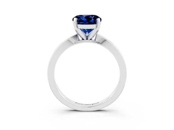 White gold Round Cut Blue Sapphire Solitaire Engagement Ring with Classic Band and Four-Prong Setting