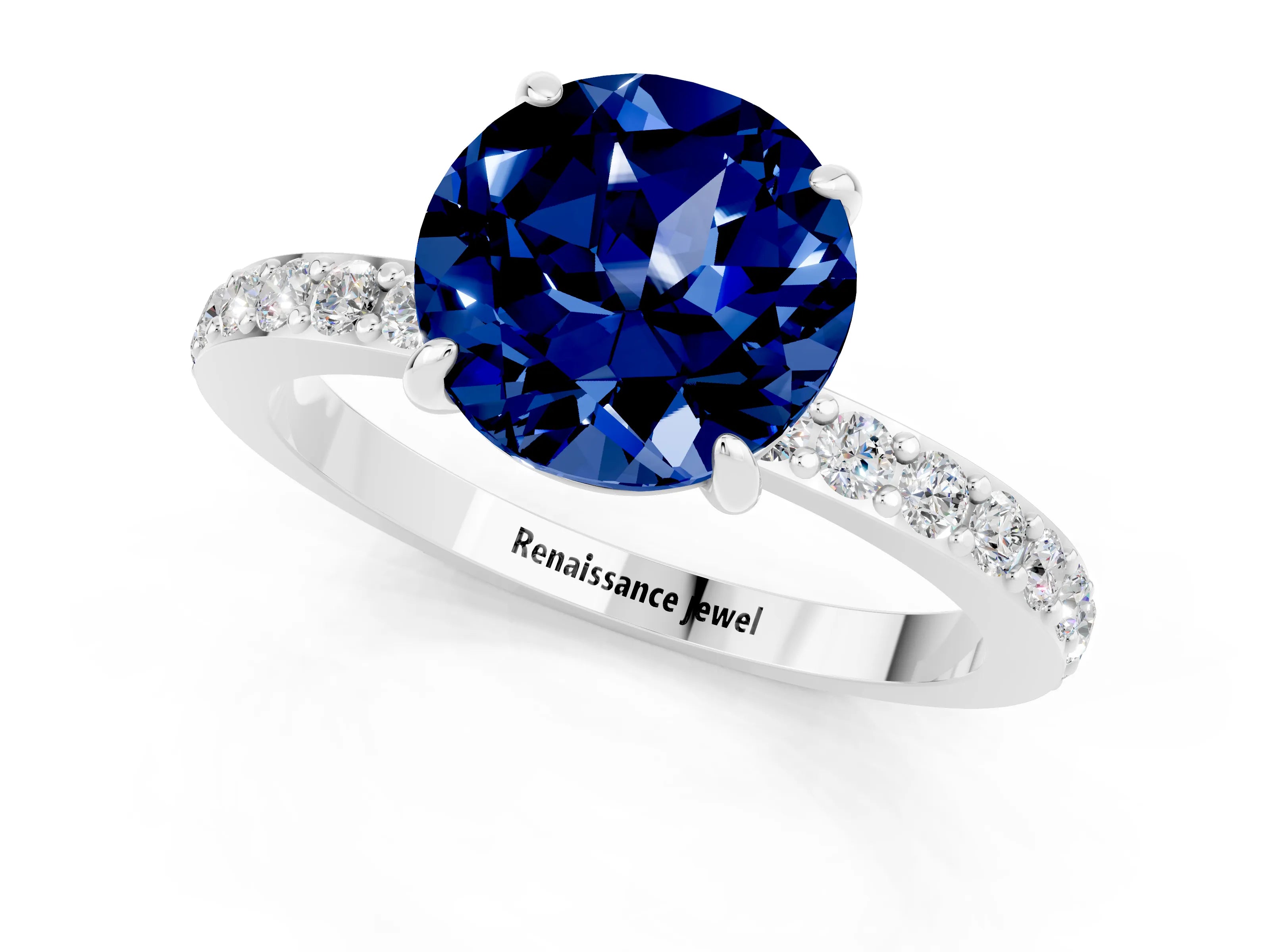 White gold Round Cut Blue Sapphire Solitaire Engagement Ring with Pavé Band and Four-Prong Setting_1