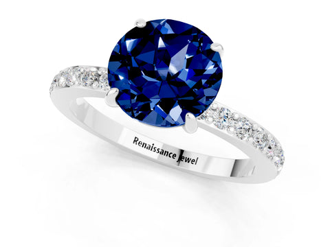 White gold Round Cut Blue Sapphire Solitaire Engagement Ring with Pavé Band and Four-Prong Setting_1