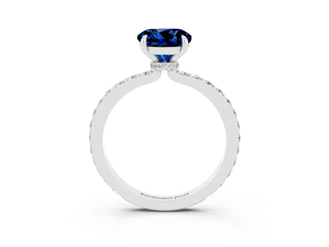 White gold Round Cut Blue Sapphire Solitaire Engagement Ring with Pavé Band and Four-Prong Setting_3