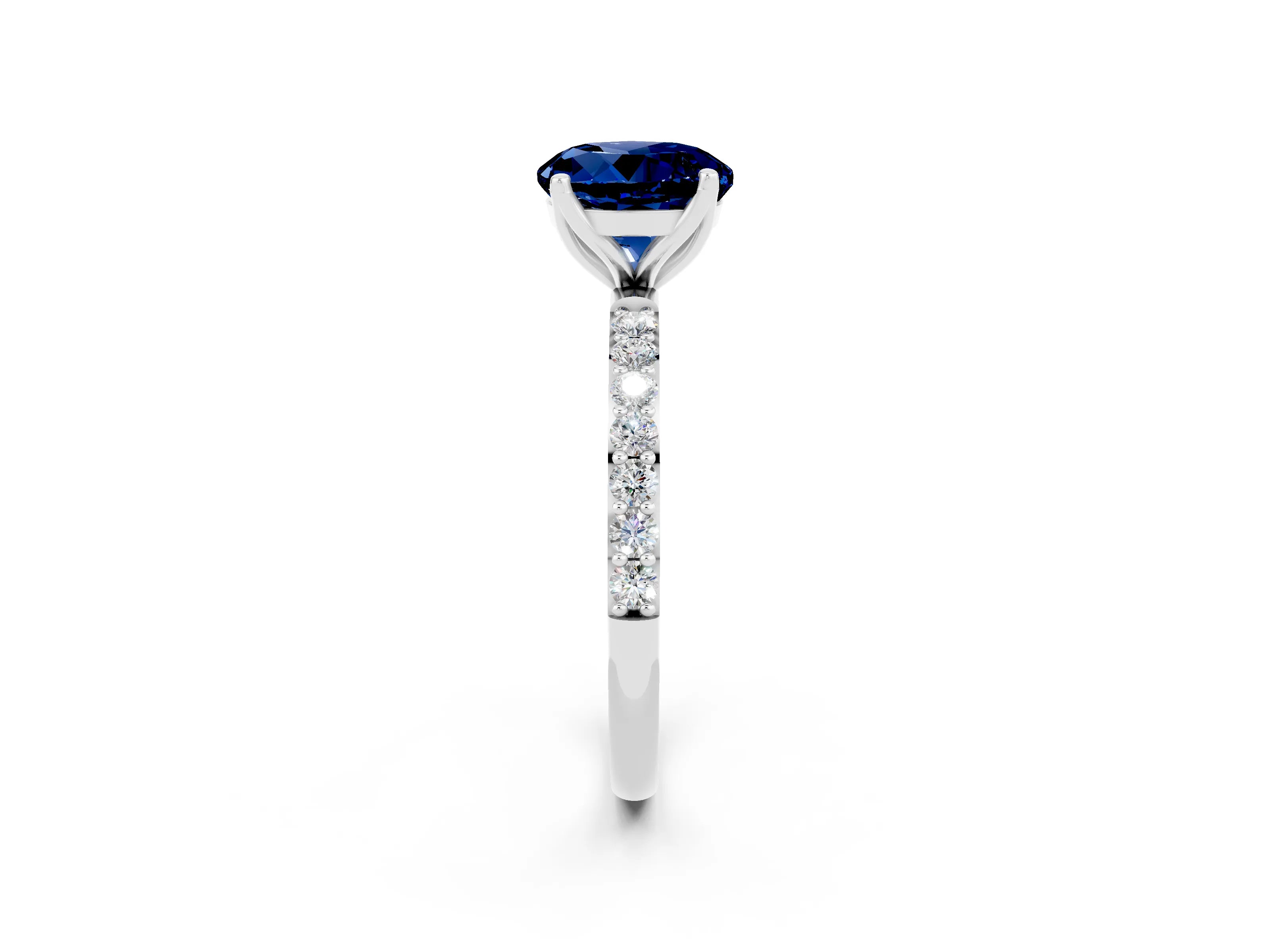 White gold Round Cut Blue Sapphire Solitaire Engagement Ring with Pavé Band and Prong Setting_2