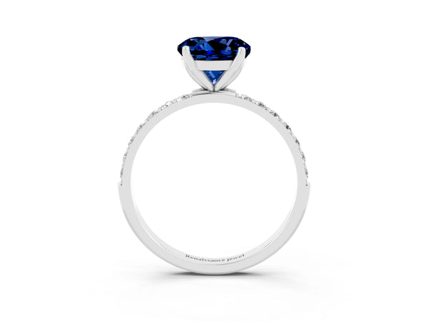 Platinum Round Cut Blue Sapphire Solitaire Engagement Ring with Round  Pavé Band and Prong Setting