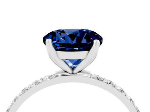 White gold Round Cut Blue Sapphire Solitaire Engagement Ring with Pavé Band and Prong Setting_4