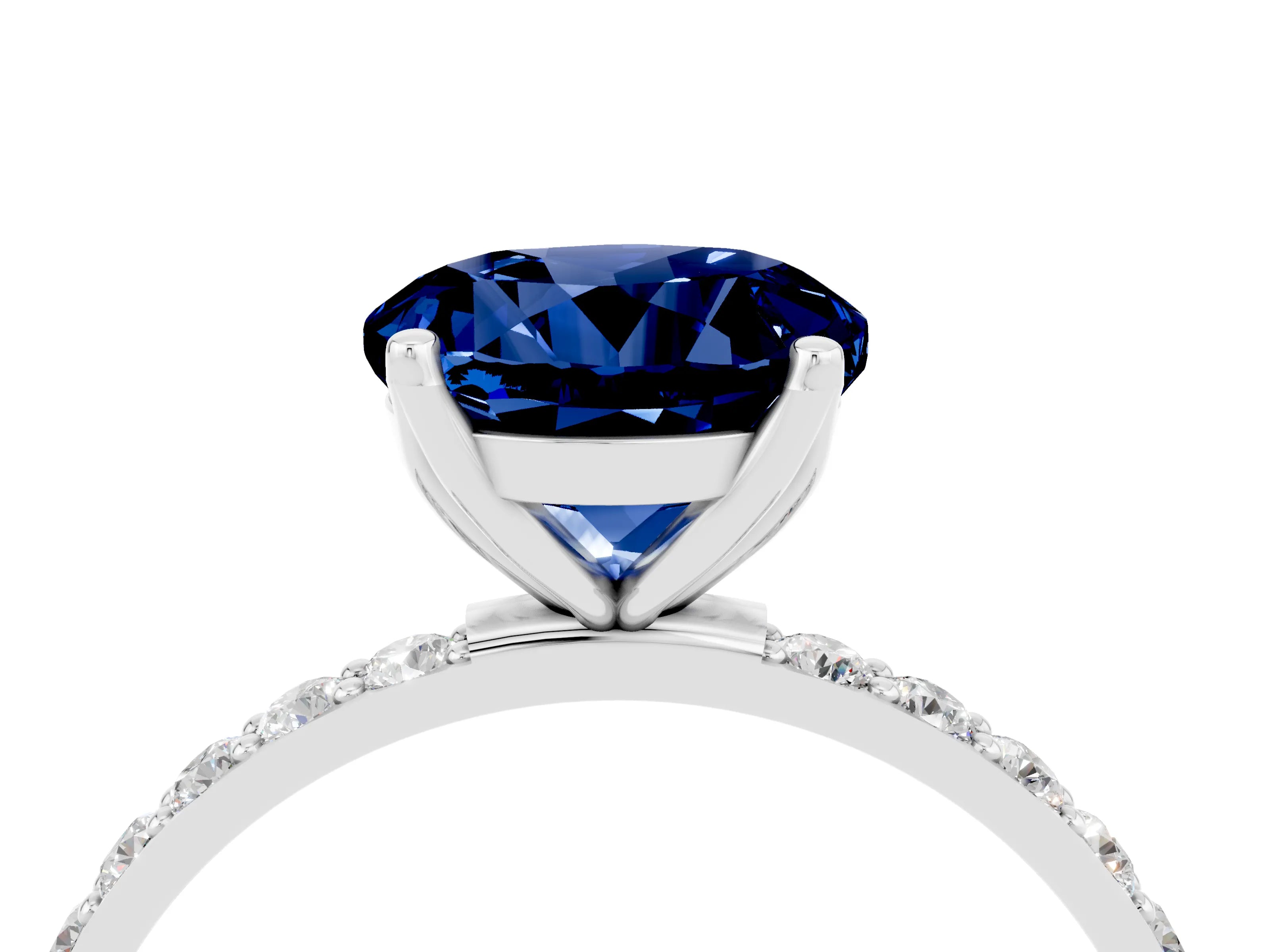 White gold Round Cut Blue Sapphire Solitaire Engagement Ring with Pavé Band and Prong Setting_4