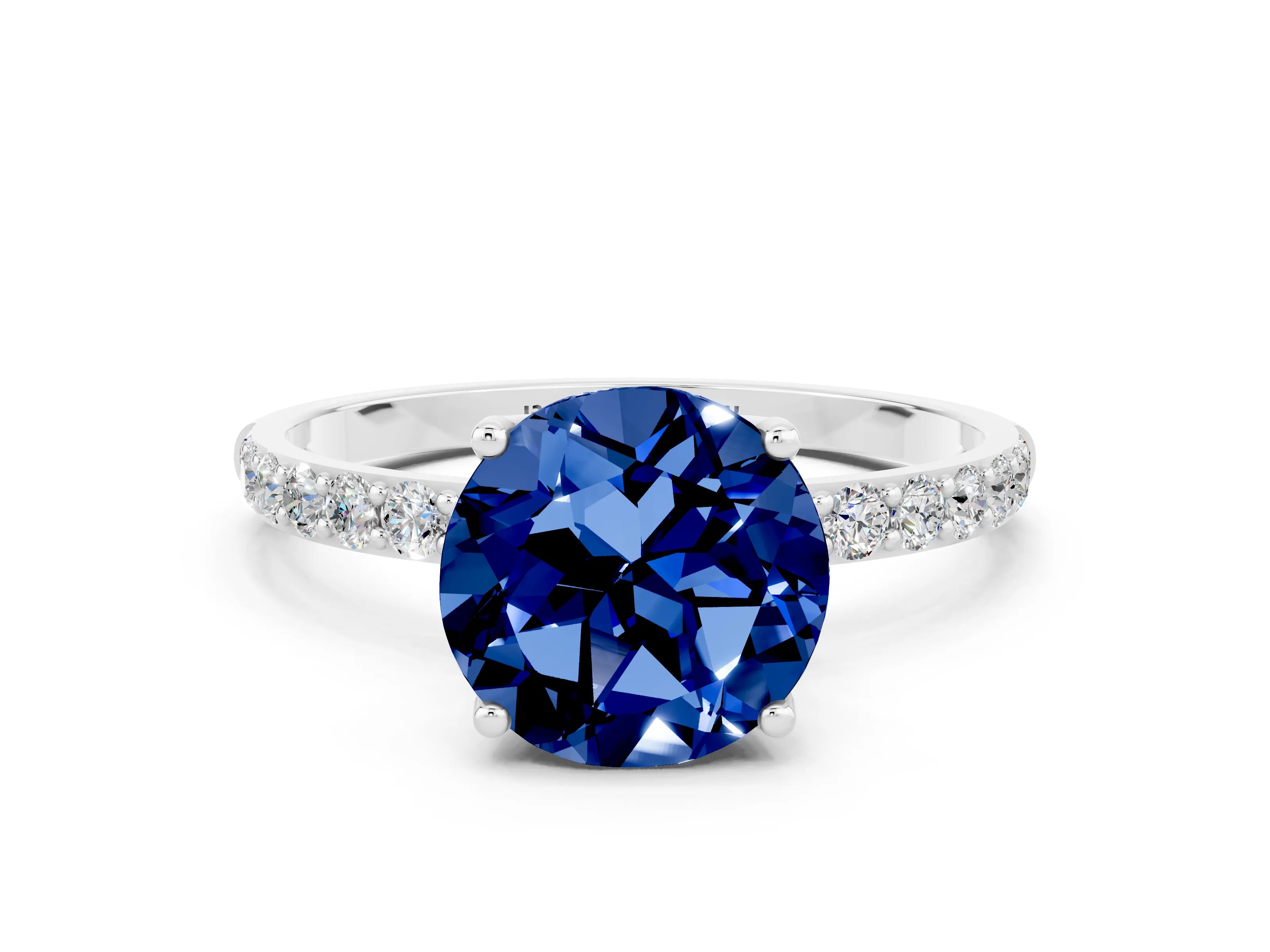 White gold Round Cut Blue Sapphire Solitaire Engagement Ring with Pavé Band and Prong Setting