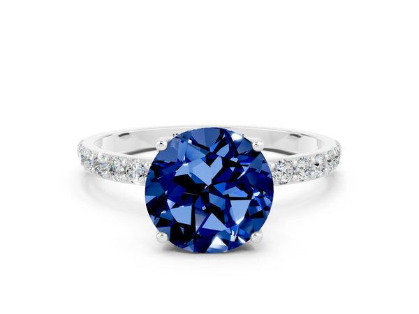 Silver Round Cut Blue Sapphire Solitaire Engagement Ring with Round  Pavé Band and Prong Setting