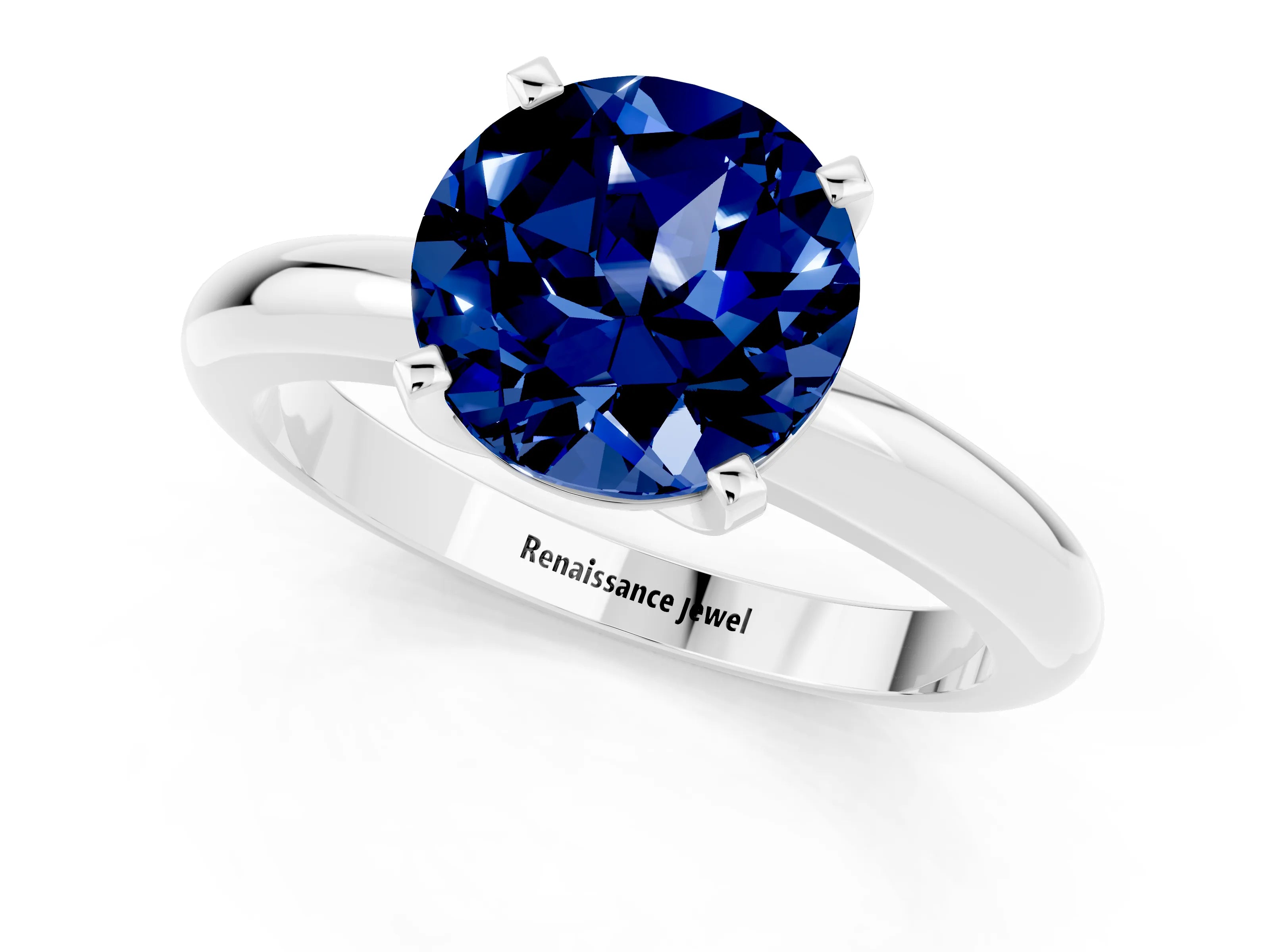 White gold Round Cut Blue Sapphire Solitaire Engagement Ring with Round Band and Four-Prong Setting_1