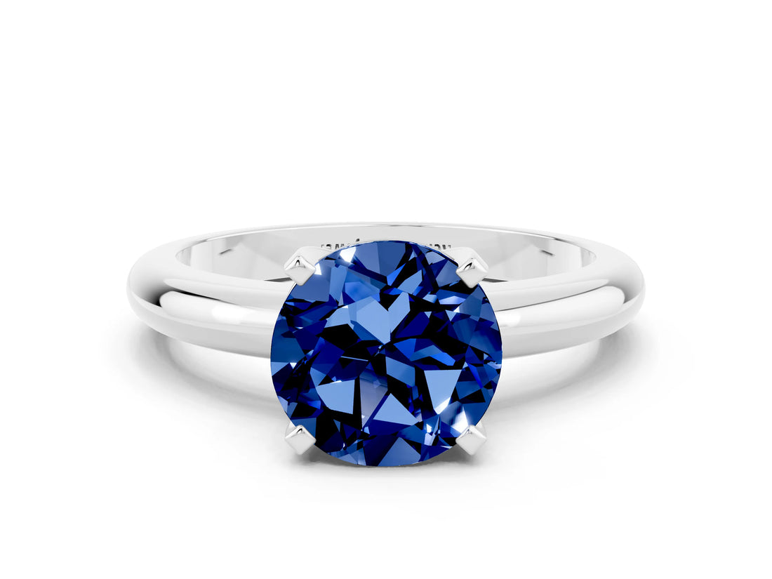 White gold Round Cut Blue Sapphire Solitaire Engagement Ring with Round Band and Four-Prong Setting