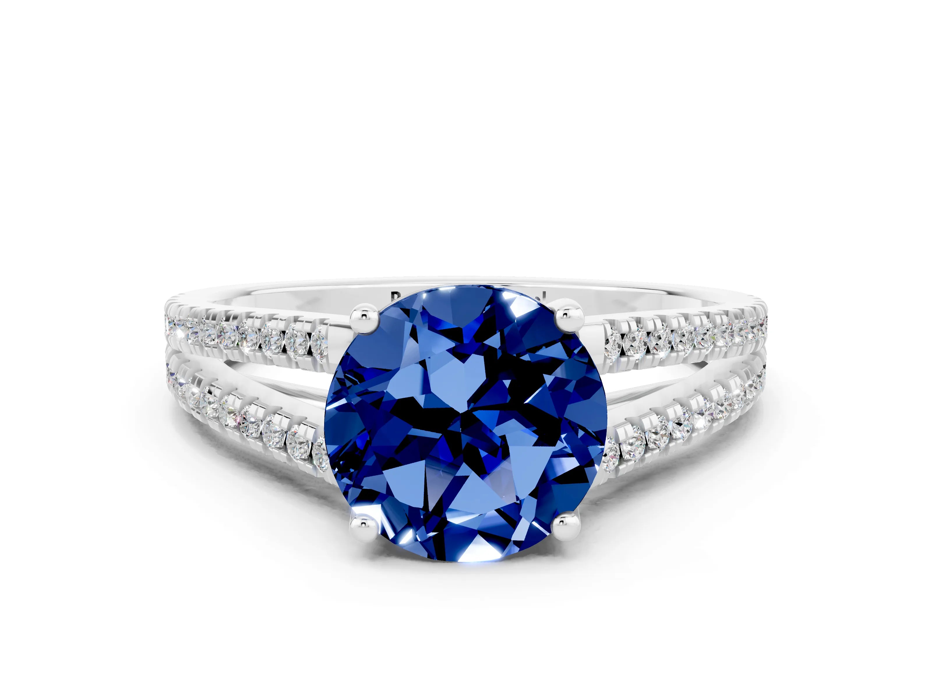 White gold Round Cut Blue Sapphire Solitaire Engagement Ring with Split Shank Pavé Band