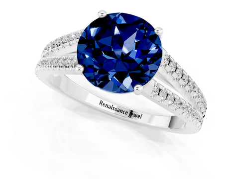 White gold Round Cut Blue Sapphire Solitaire Engagement Ring with Split Shank Pavé Band_1
