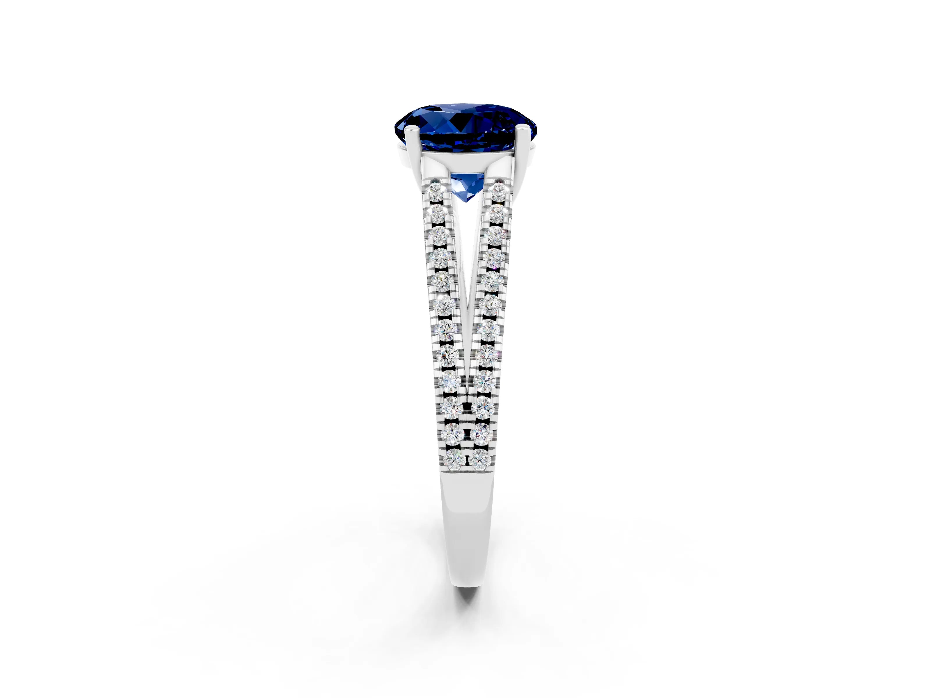 White gold Round Cut Blue Sapphire Solitaire Engagement Ring with Split Shank Pavé Band_2