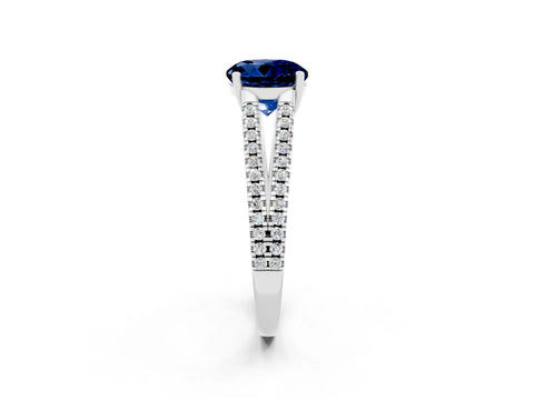 White gold Round Cut Blue Sapphire Solitaire Engagement Ring with Split Shank Pavé Band_2