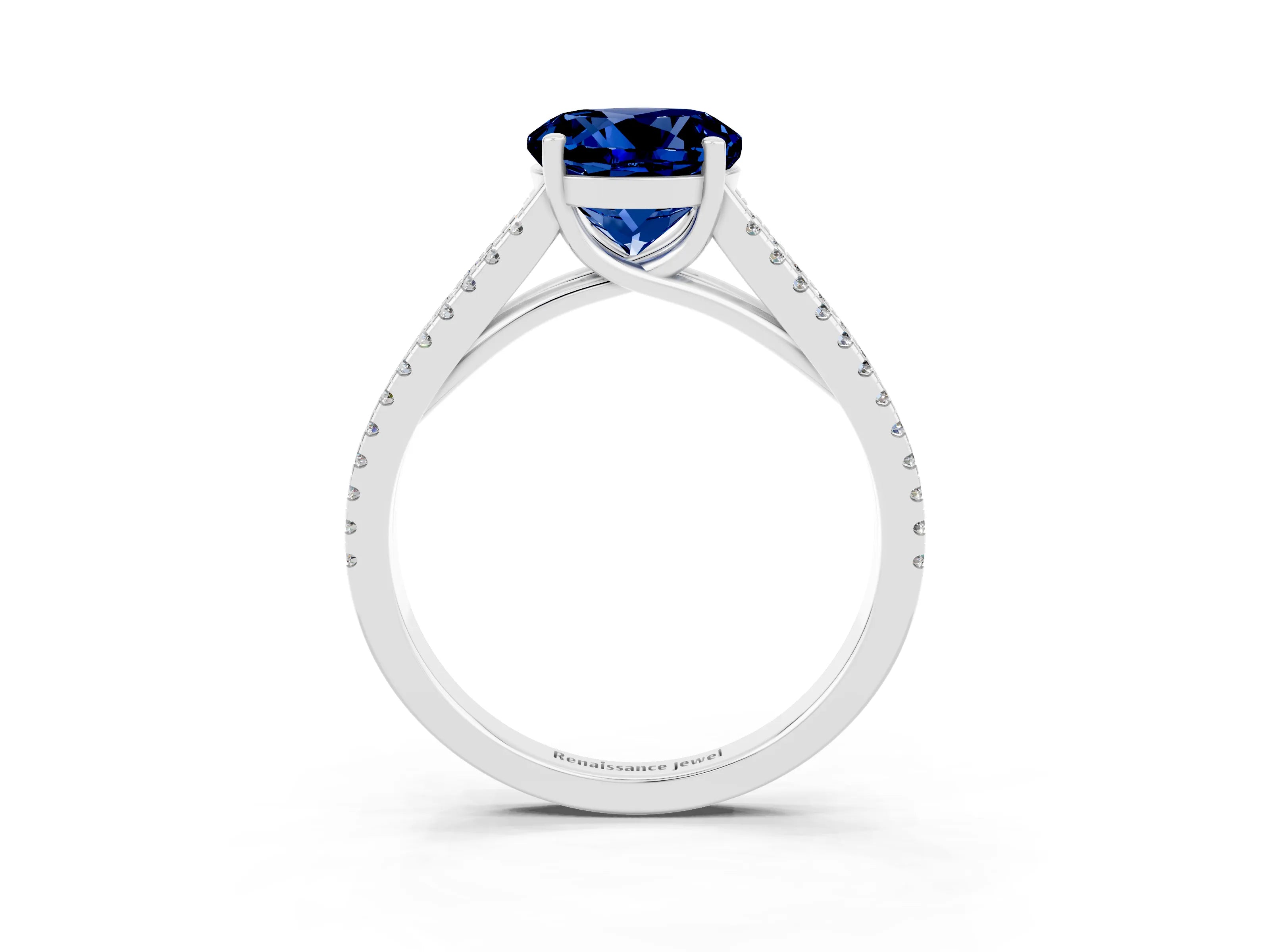 White gold Round Cut Blue Sapphire Solitaire Engagement Ring with Split Shank Pavé Band_3