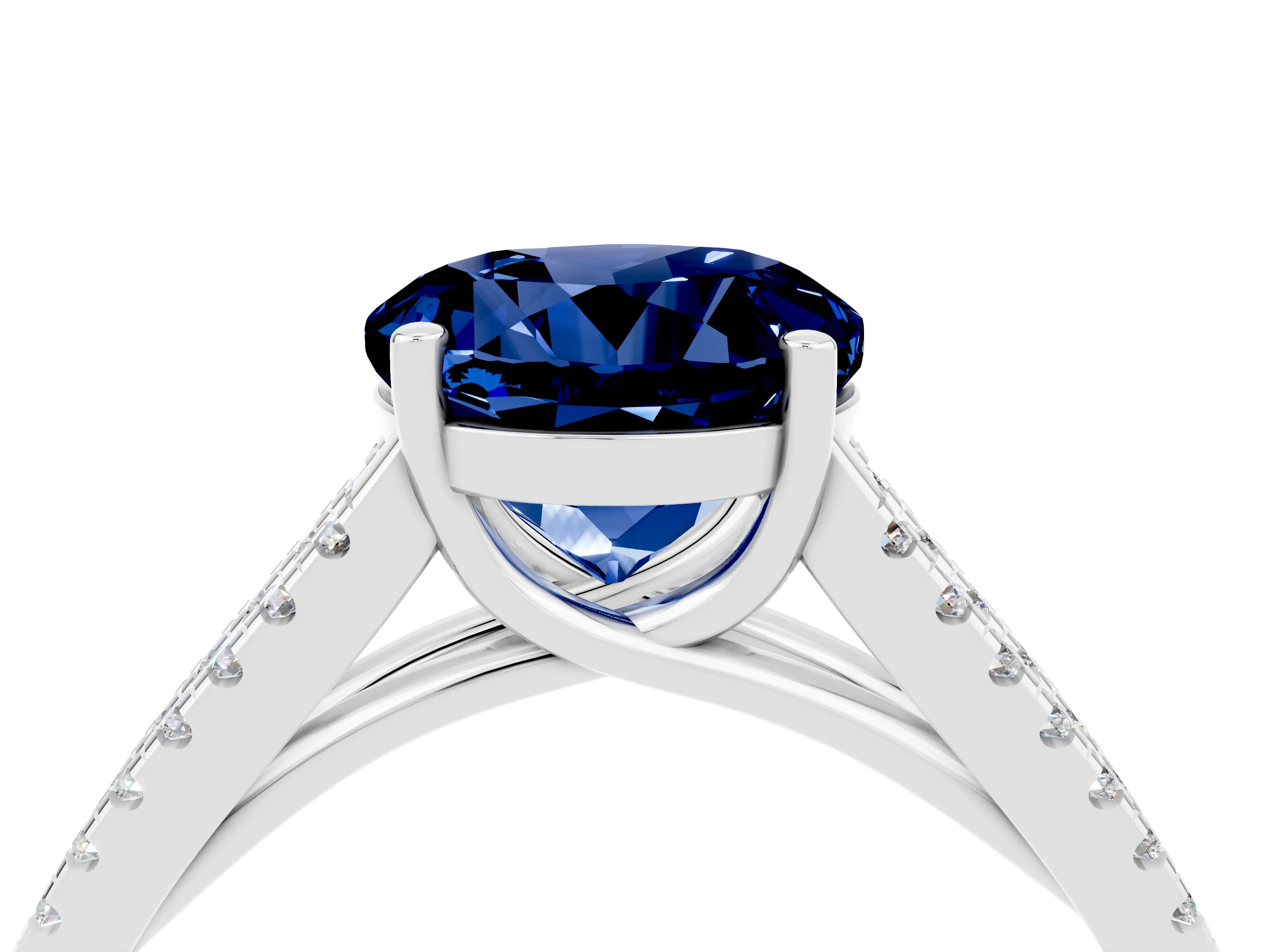 White gold Round Cut Blue Sapphire Solitaire Engagement Ring with Split Shank Pavé Band_4