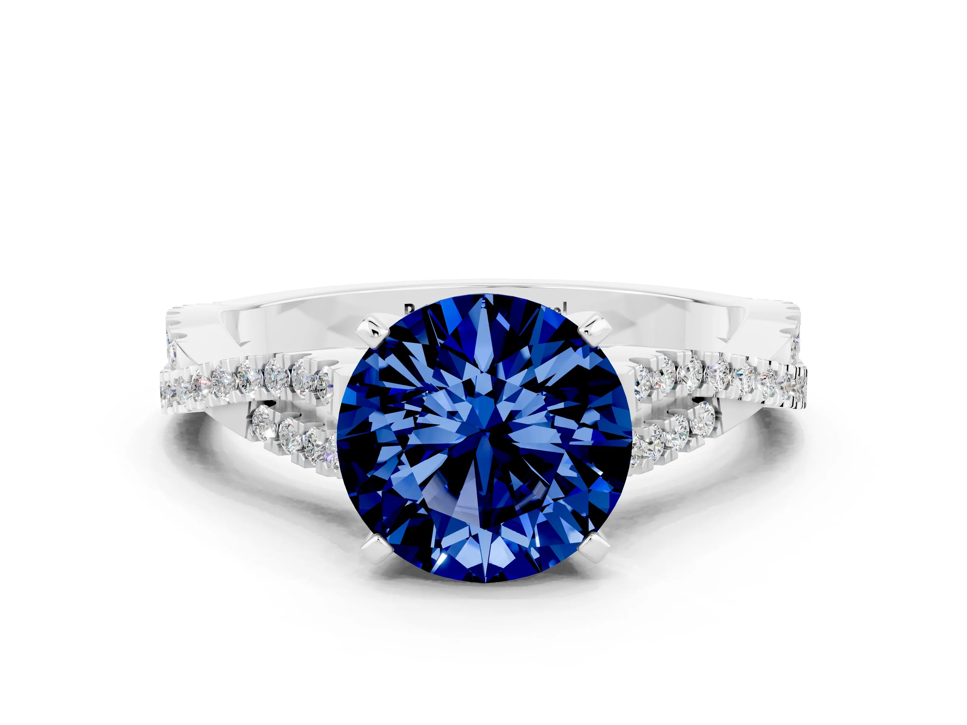 White gold Round Cut Blue Sapphire Solitaire Engagement Ring with Twisted Pavé Band and Four-Prong Setting_12