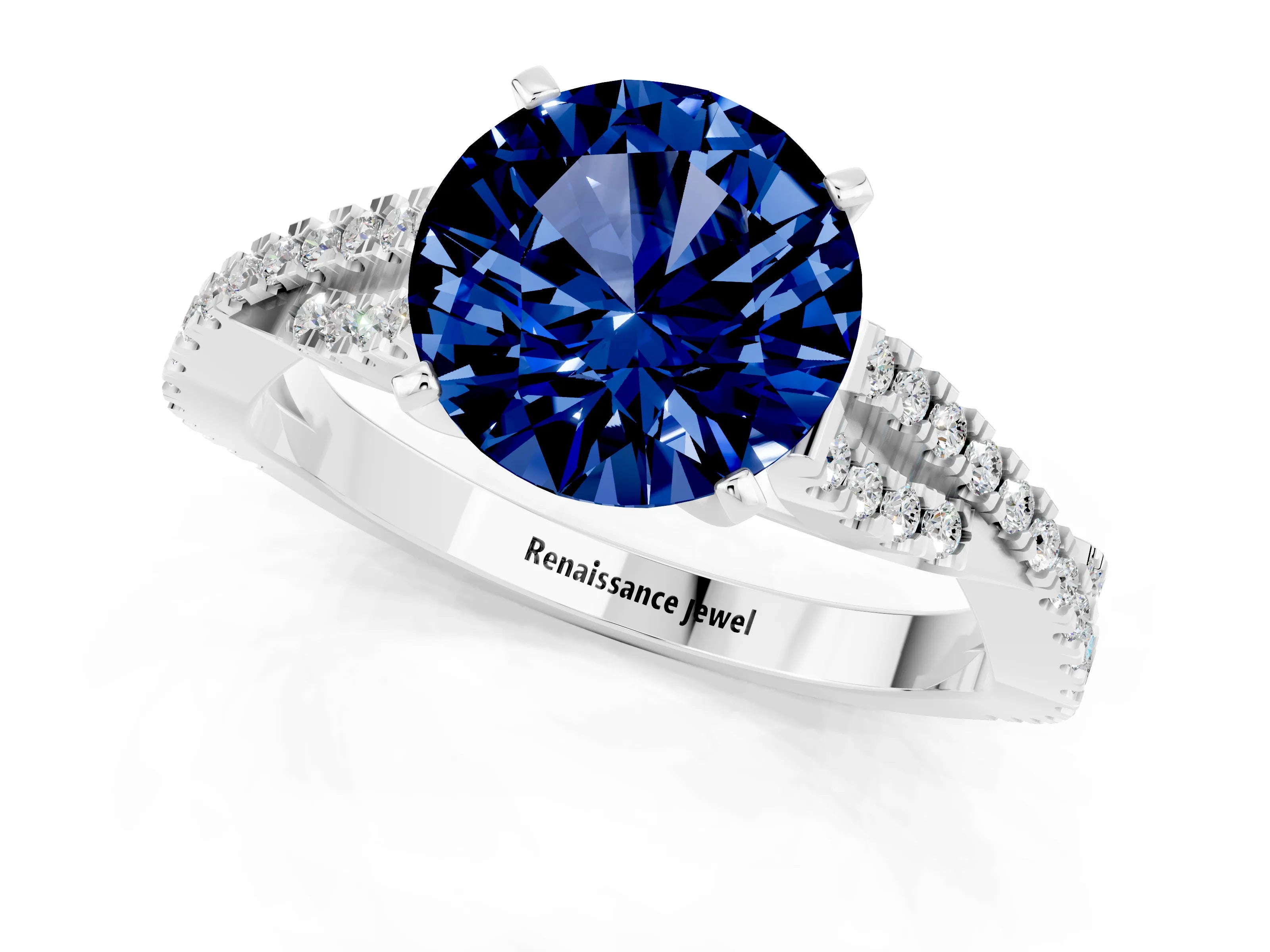 White gold Round Cut Blue Sapphire Solitaire Engagement Ring with Twisted Pavé Band and Four-Prong Setting_13