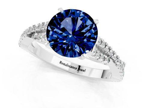 White gold Round Cut Blue Sapphire Solitaire Engagement Ring with Twisted Pavé Band and Four-Prong Setting_13