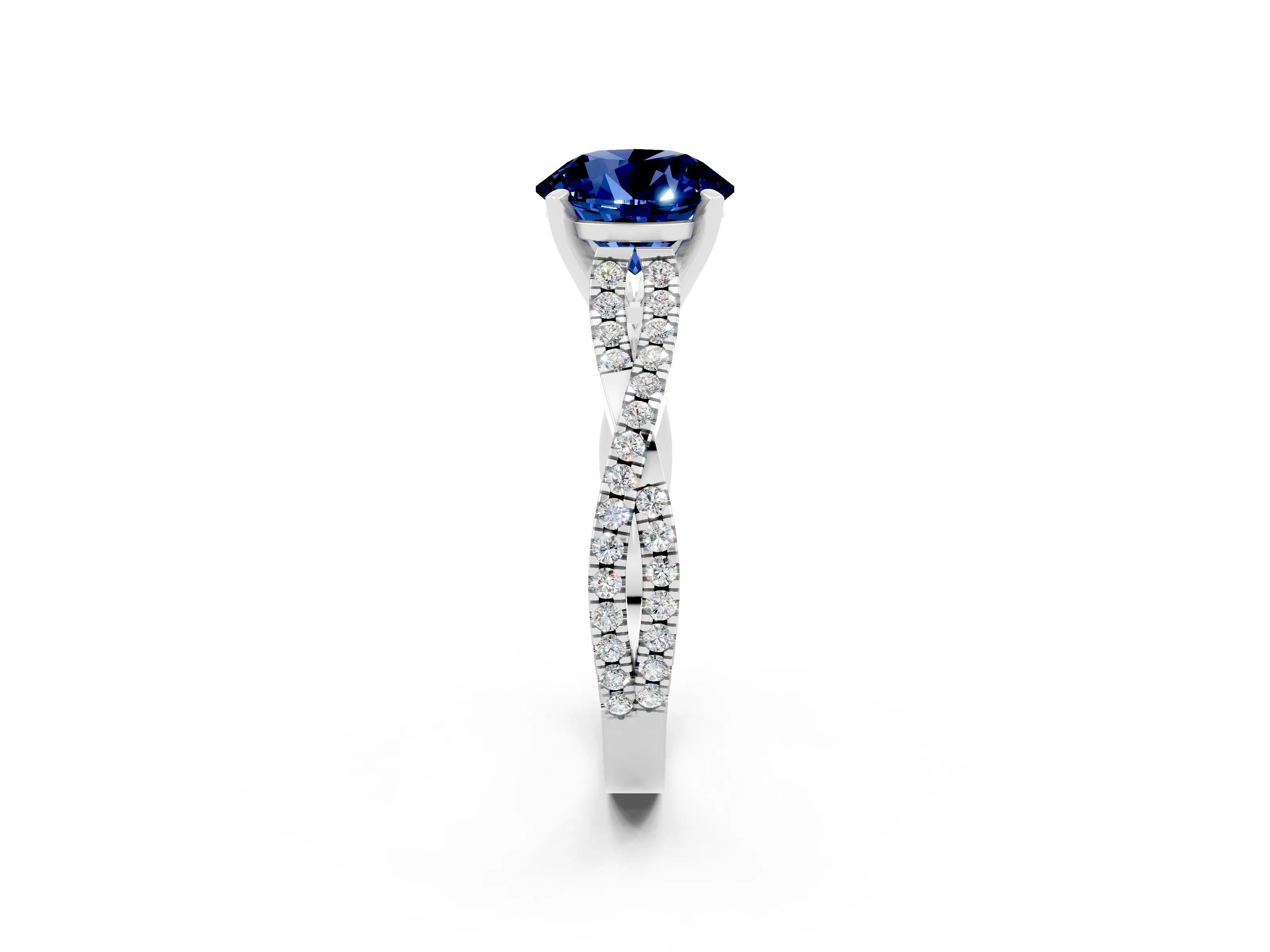 White gold Round Cut Blue Sapphire Solitaire Engagement Ring with Twisted Pavé Band and Four-Prong Setting_14