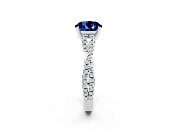 Silver Round Cut Blue Sapphire Solitaire Engagement Ring with Twisted Pavé Band and Four-Prong Setting