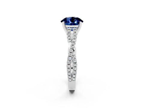 White gold Round Cut Blue Sapphire Solitaire Engagement Ring with Twisted Pavé Band and Four-Prong Setting_14