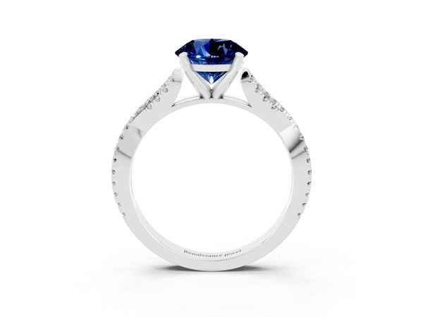 Platinum Round Cut Blue Sapphire Solitaire Engagement Ring with Twisted Pavé Band and Four-Prong Setting