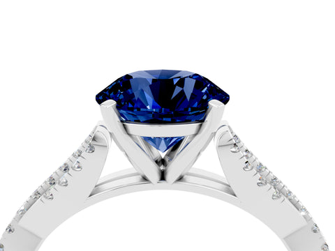White gold Round Cut Blue Sapphire Solitaire Engagement Ring with Twisted Pavé Band and Four-Prong Setting_16