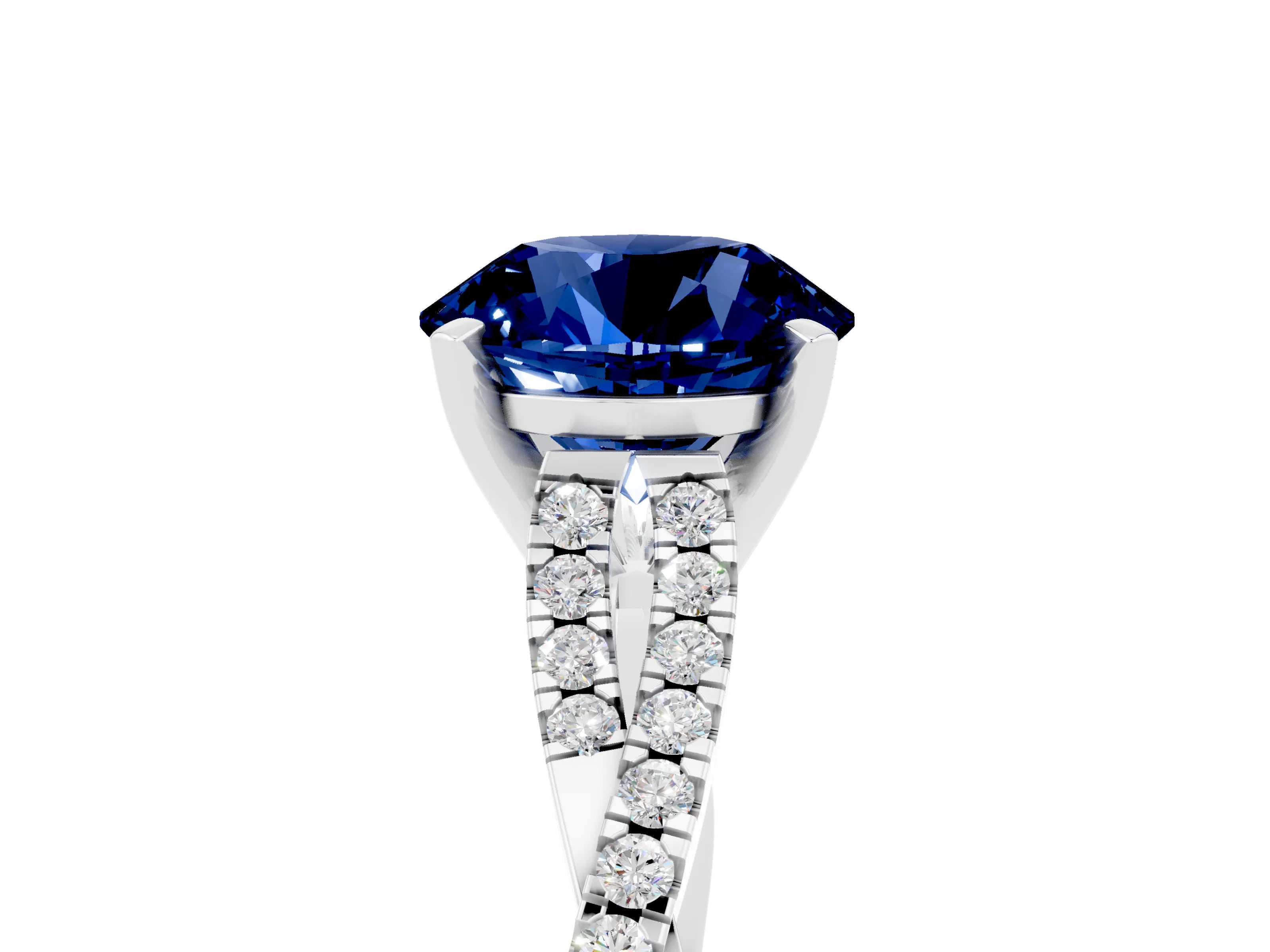 White gold Round Cut Blue Sapphire Solitaire Engagement Ring with Twisted Pavé Band and Four-Prong Setting_17