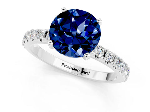 White gold Round Cut Blue Sapphire Solitaire Pavé Band with Four-Prong Setting_1