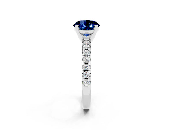 White gold Round Cut Blue Sapphire Solitaire Pavé Engagement Ring with Round Band and Prong Setting