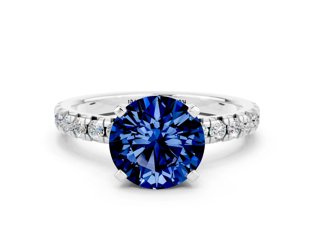 White gold Round Cut Blue Sapphire Solitaire Pavé Engagement Ring with Round Band and Prong Setting_66