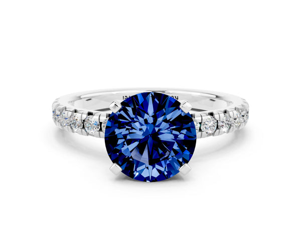White gold Round Cut Blue Sapphire Solitaire Pavé Engagement Ring with Round Band and Prong Setting