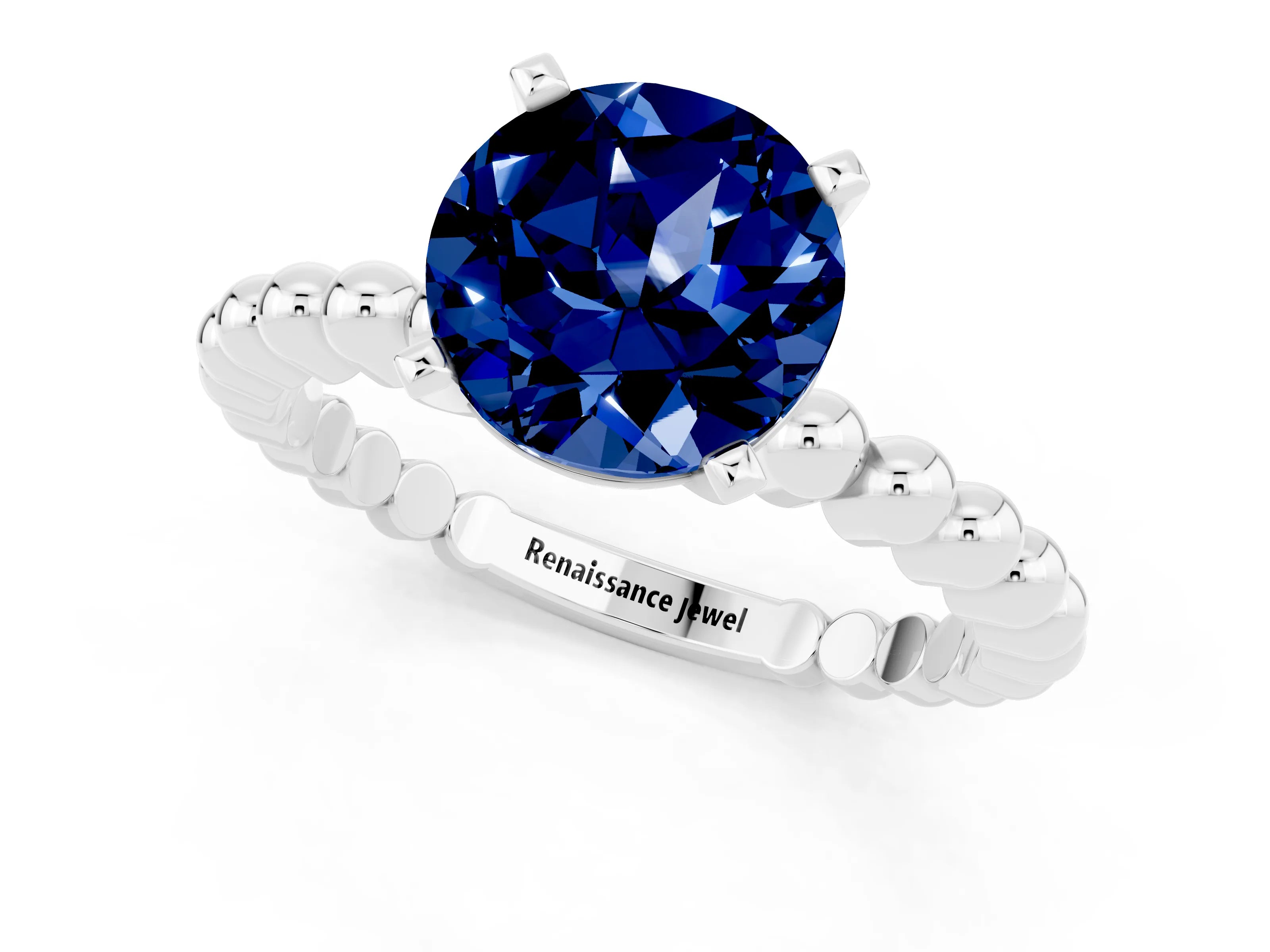 White gold Round Cut Blue Sapphire Solitaire Ring with Beaded Band and Prong Setting_1