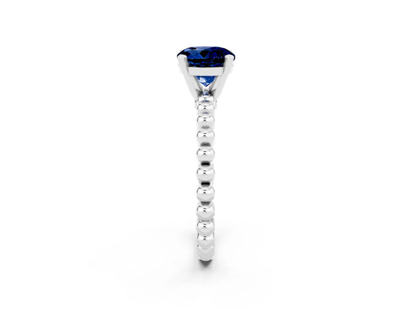 White gold Round Cut Blue Sapphire Solitaire Ring with Beaded Band and Prong Setting