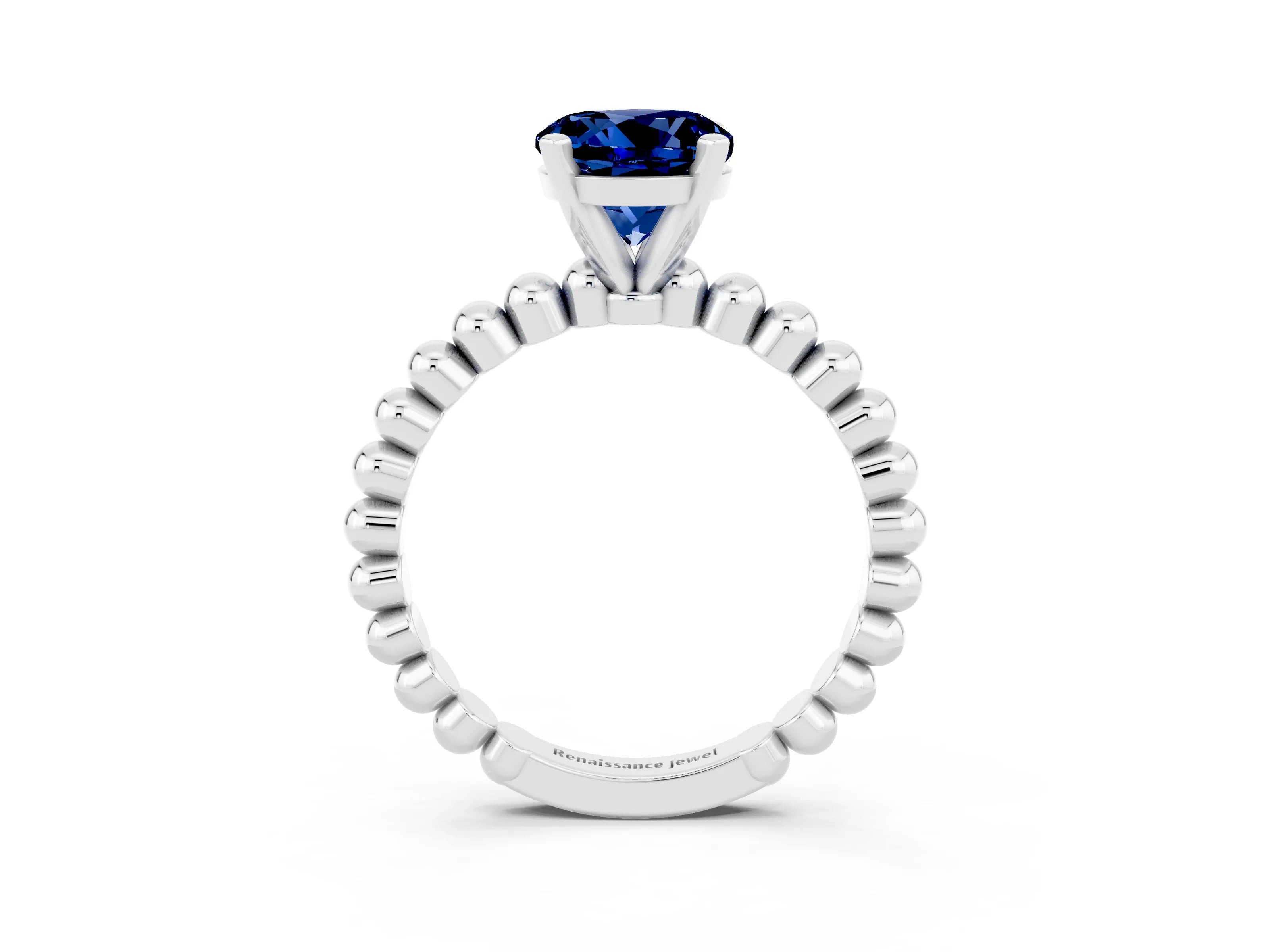 White gold Round Cut Blue Sapphire Solitaire Ring with Beaded Band and Prong Setting_15
