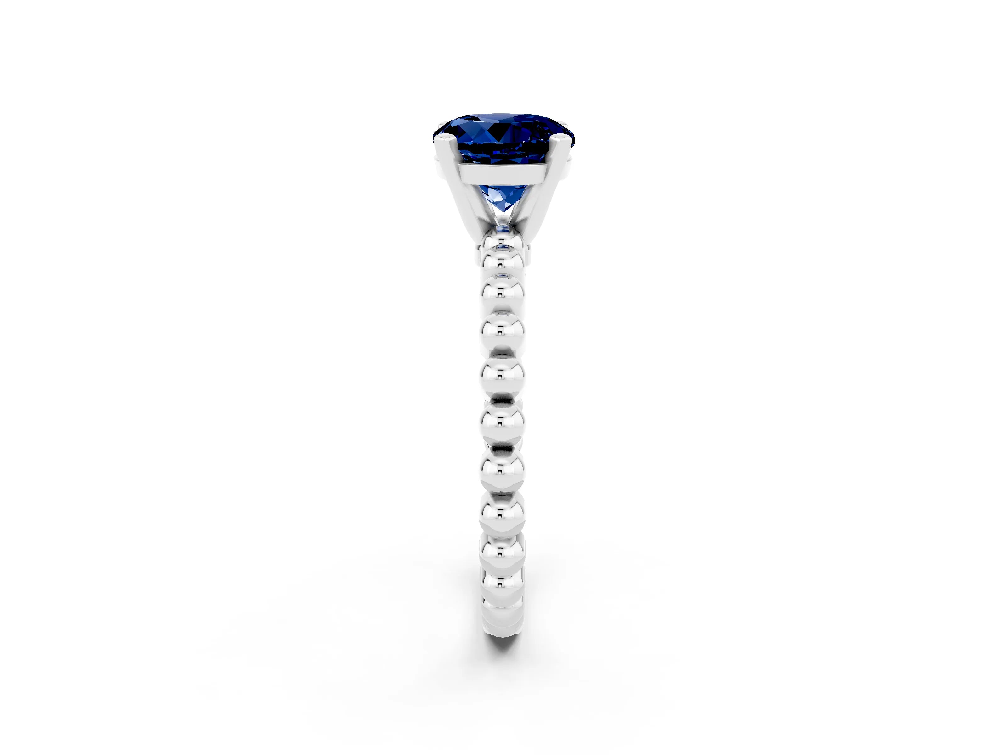 White gold Round Cut Blue Sapphire Solitaire Ring with Beaded Band and Prong Setting_2