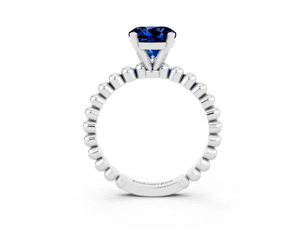 Silver Round Cut Blue Sapphire Solitaire Ring with Beaded Band and Prong Setting